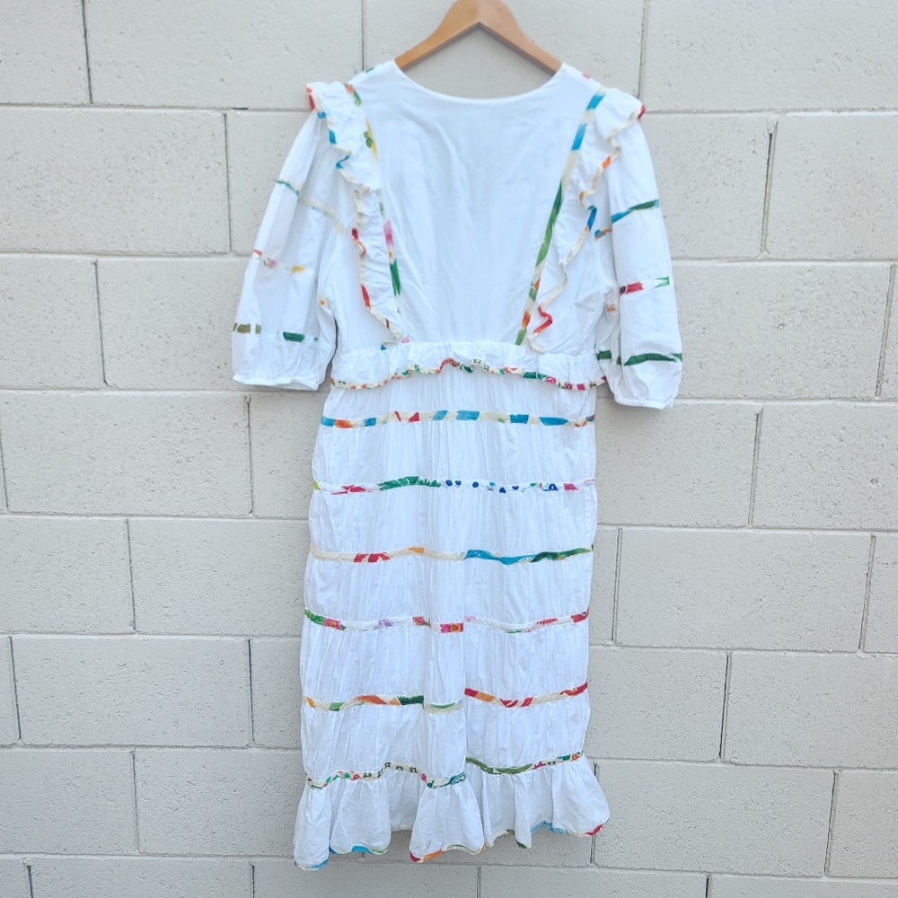 Farm Rio | Mixed Off-White Prints Midi Tiered Dress White Rainbow Size Large - Picture 14 of 14